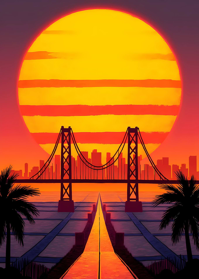 Sunset Bridge Cityscape with Palm Trees