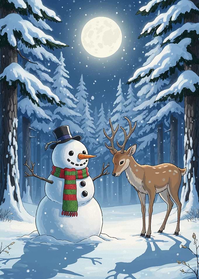Snowman and Deer in Winter Forest