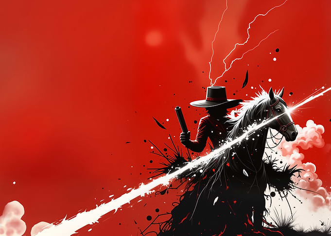 Red and Black Cowboy on Horse
