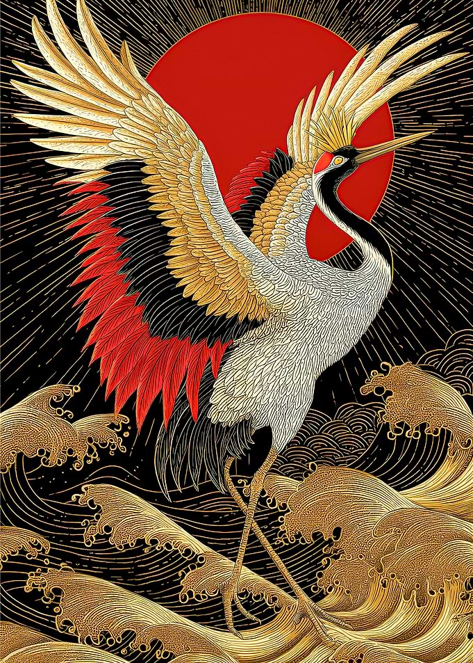 Japanese Crane with Sun and Waves