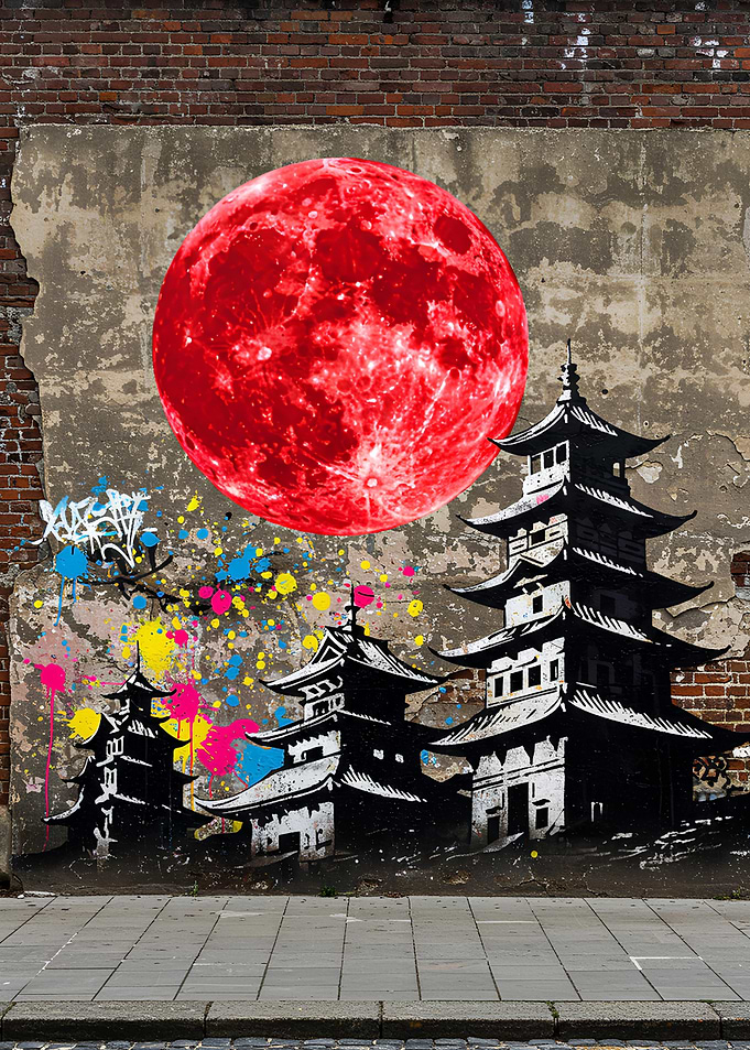 Japanese Pagodas and Red Moon Graffiti