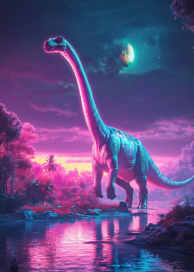 Neon Dinosaur in a Fantasy Landscape