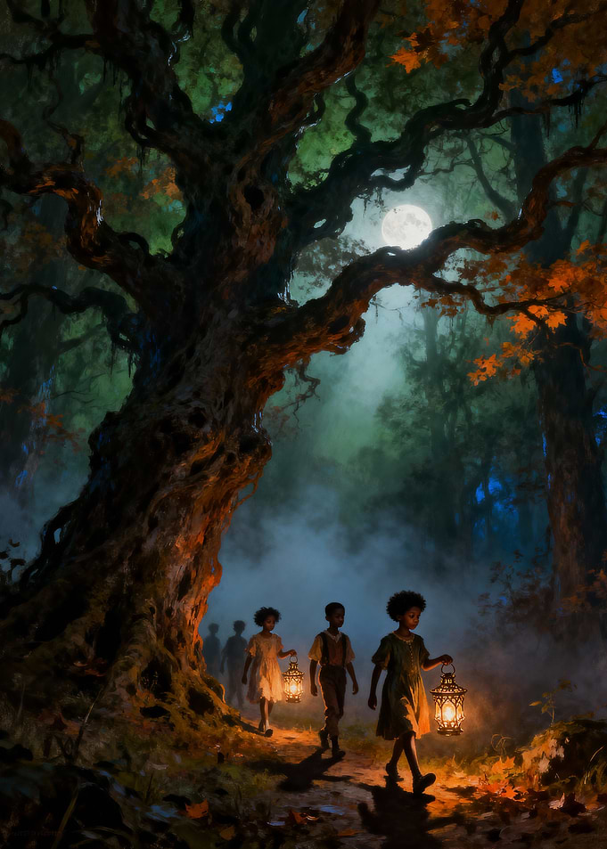 Children with Lanterns in Forest at Night