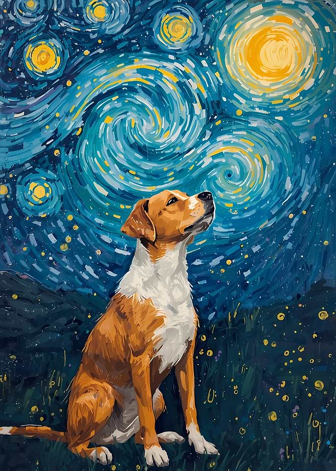 Dog in Starry Night Style Painting