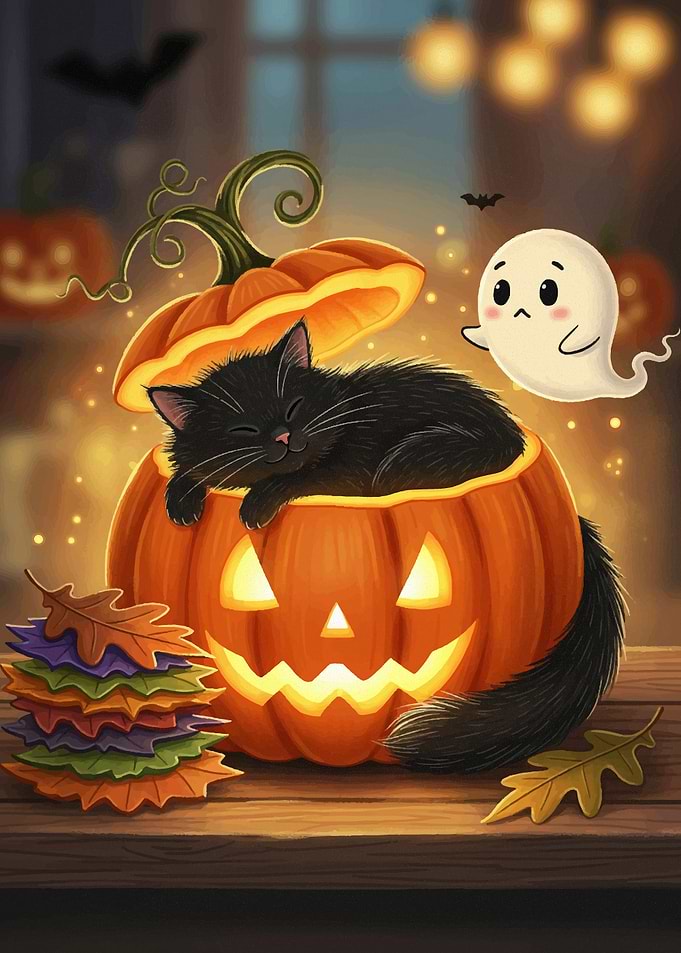 Halloween Cat in Pumpkin with Ghost Halloween2025