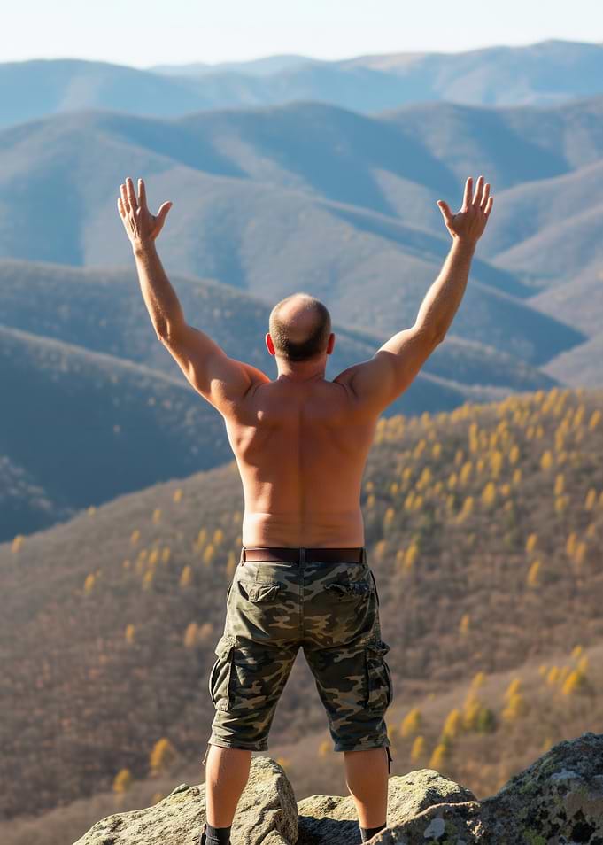Man on mountain top with arms raised