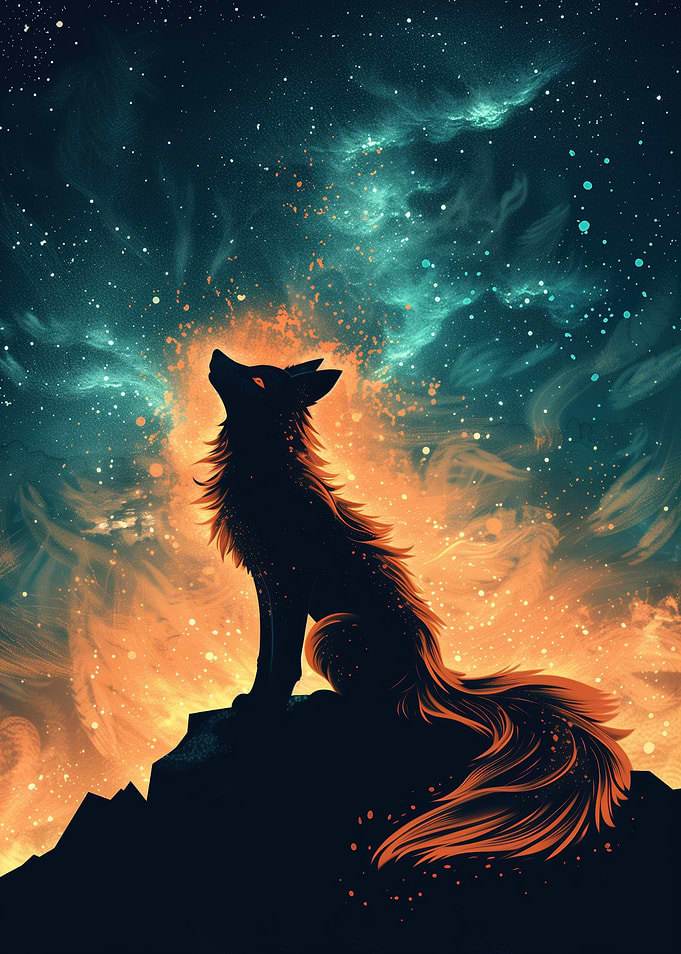Wolf howling under cosmic fire sky