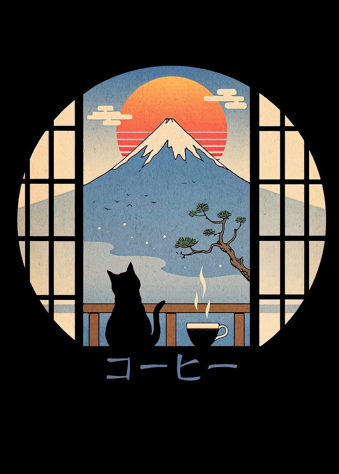 Cat Coffee Mount Fuji Japanese Art