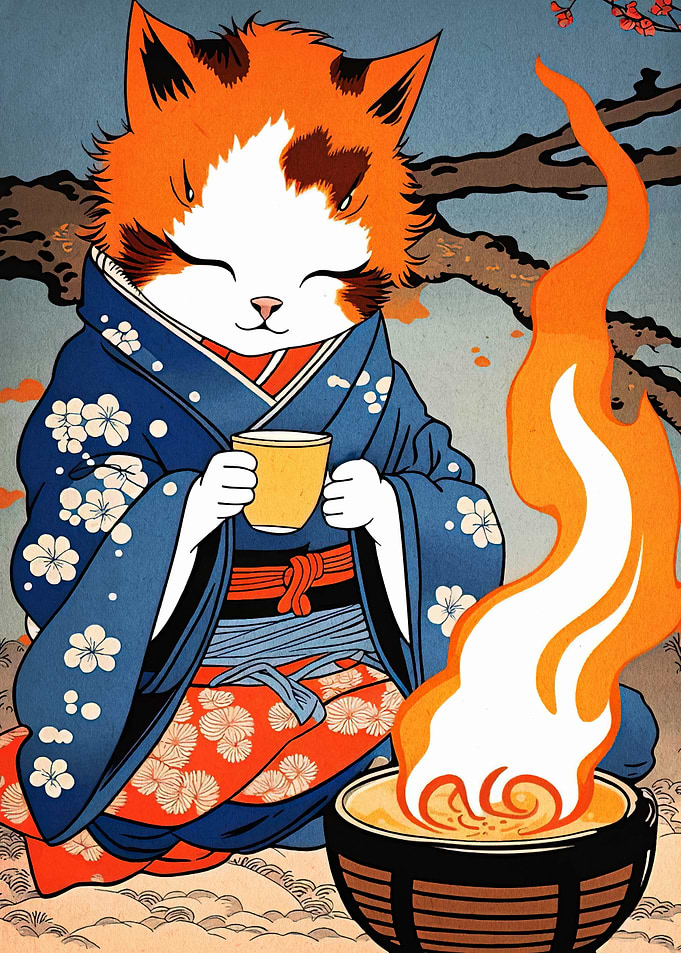 Cat in Kimono with Tea and Fire