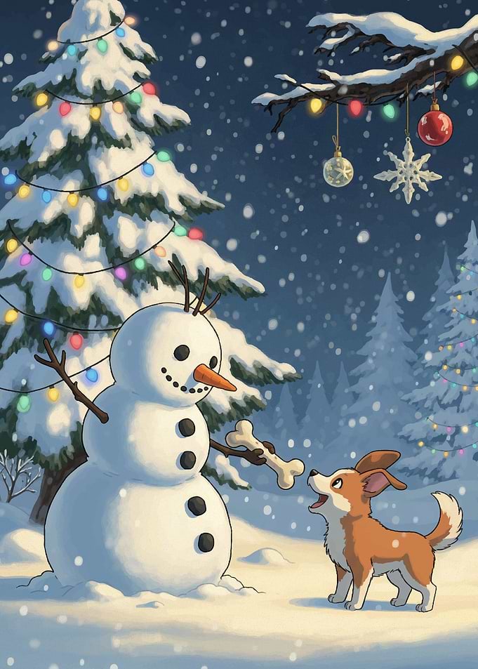 Snowy Christmas Scene with Dog and Snowman