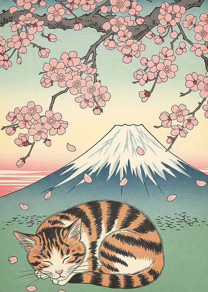 Cat Cherry Blossoms Mount Fuji