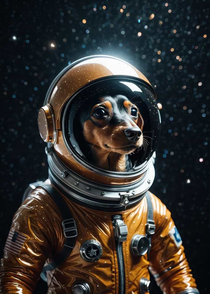 Cinematic Dachshund Astronaut in Retro Gold Space Suit