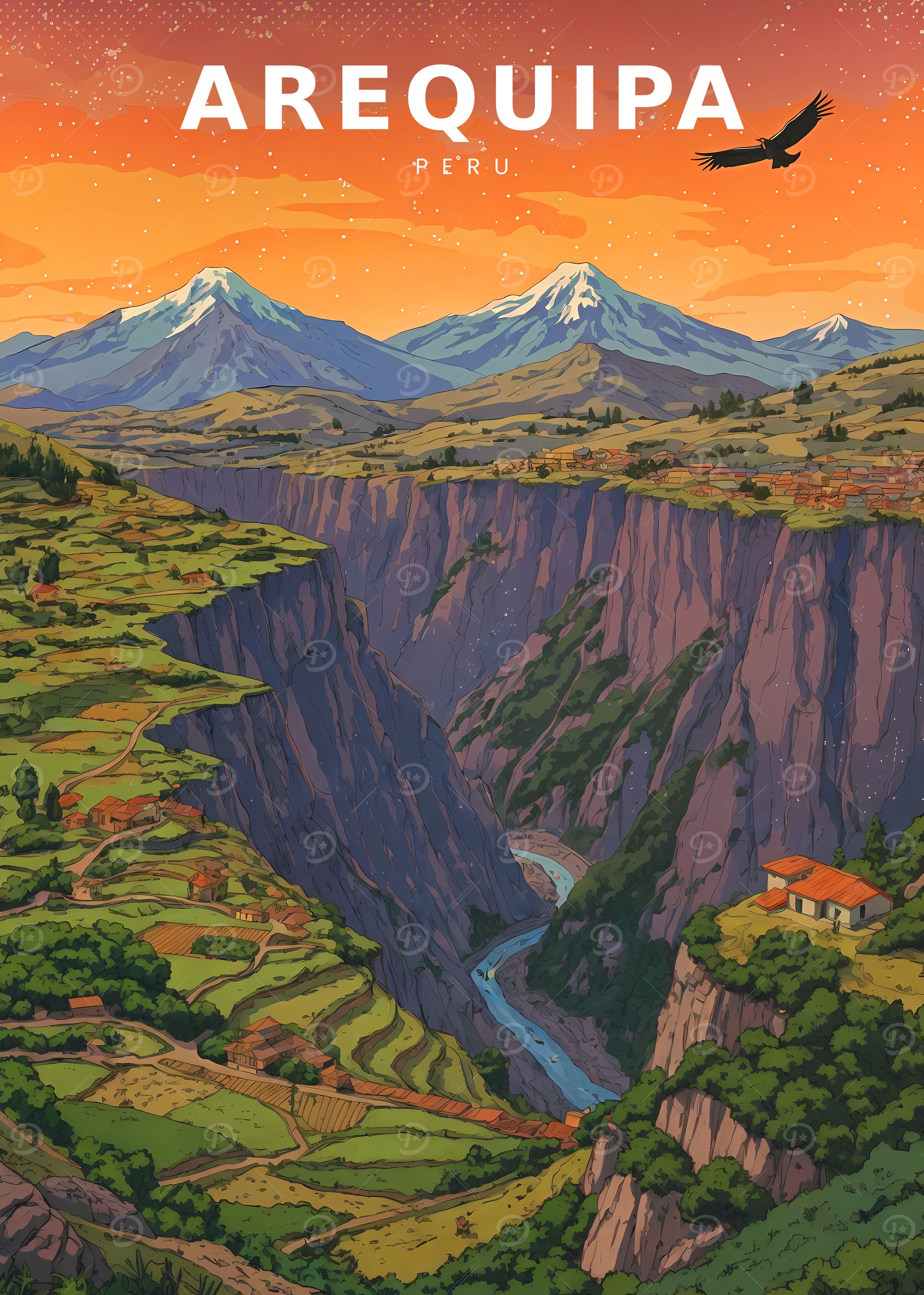 Peru Travel Vintage Landscape 80s Anime Style – Golden Peaks at Sunrise