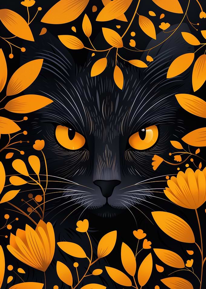Black cat with golden floral frame