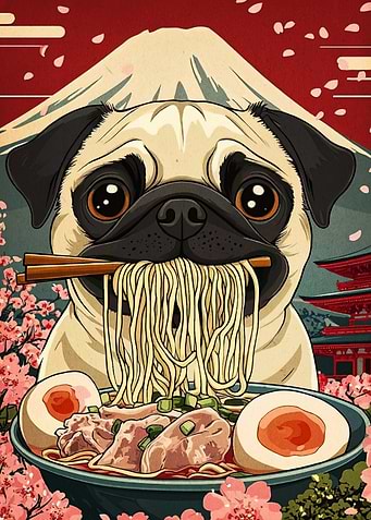 Pug eating ramen with Mount Fuji
