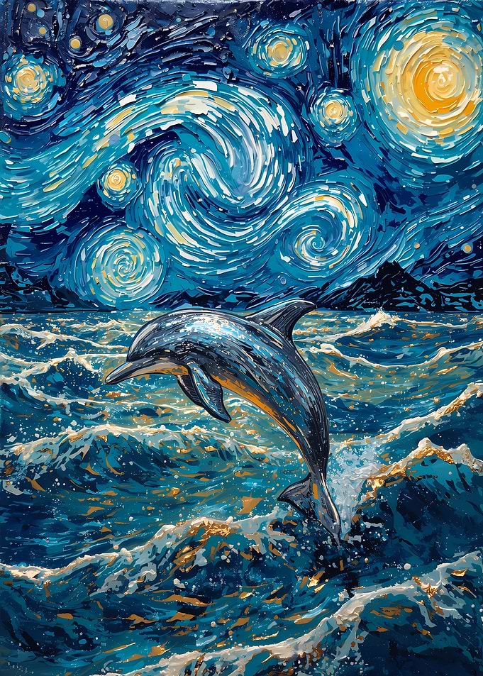 Dolphin in Starry Night Style Painting