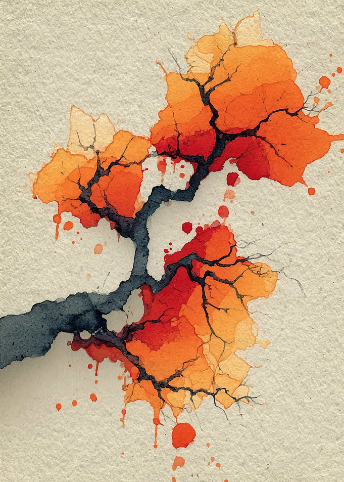 Watercolor Tree Branch with Orange Leaves