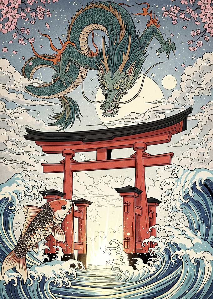 Japanese Dragon Torii Gate Koi