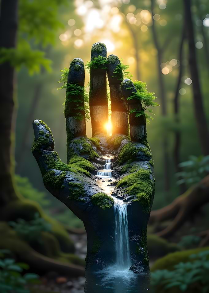 Mossy Hand Waterfall in Forest