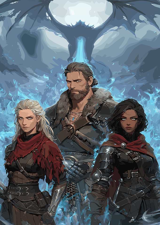 Fantasy Trio with Dragon Backdrop