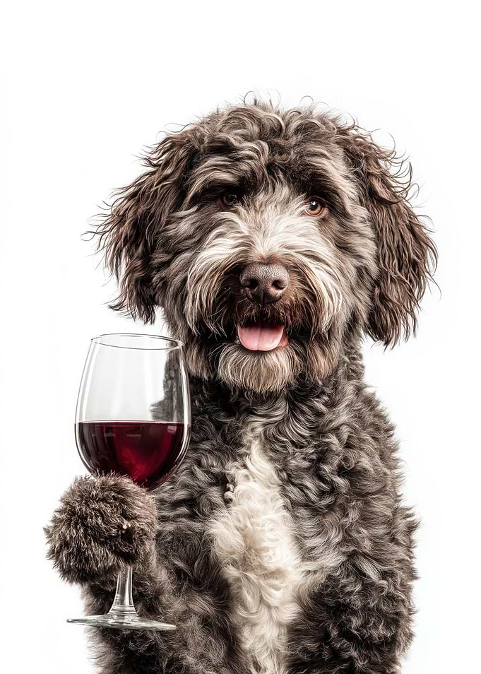 Spanish Water Dog with Wine Glass