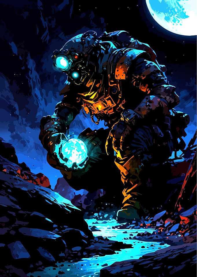 Astronaut Holding Glowing Orb on Alien Planet