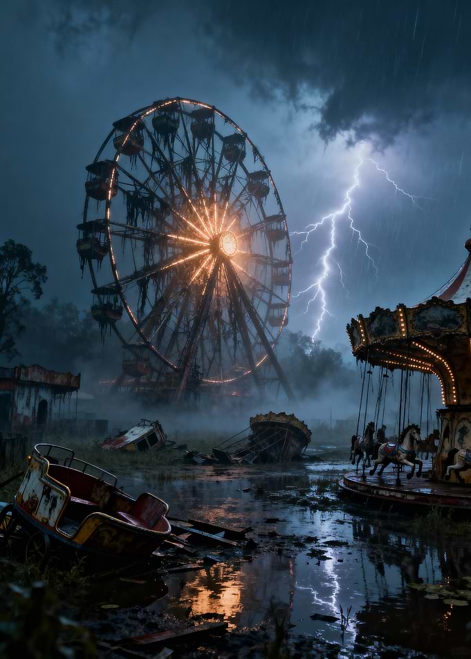 Apocalyptic Abandoned Amusement Park at Night