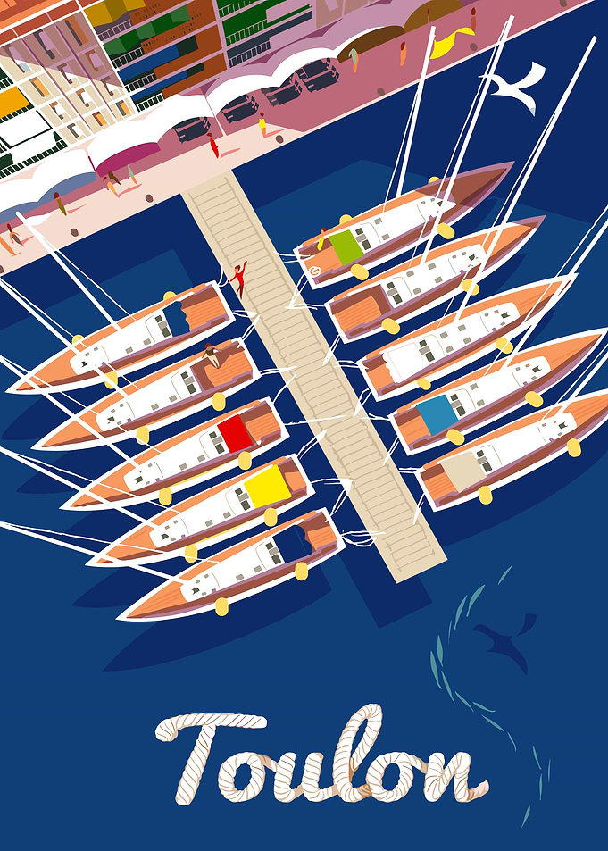 Toulon harbor with boats illustration
