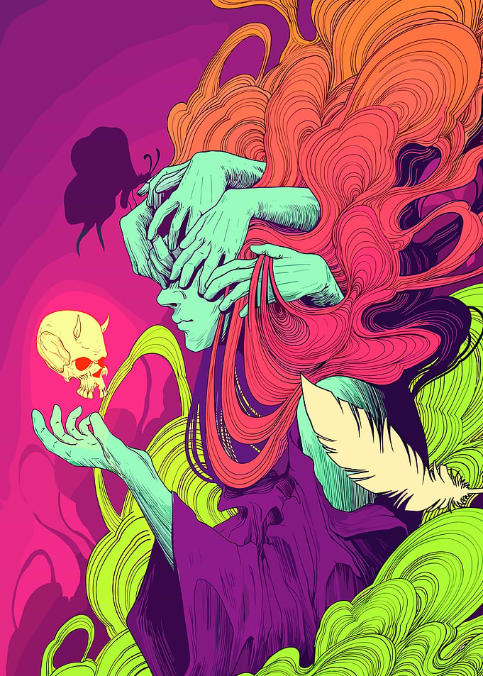 Mystic Woman with Skull and Feather