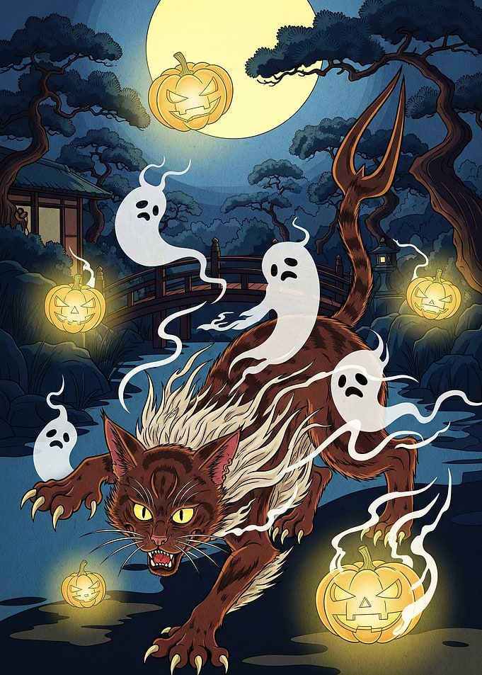 Halloween Yokai Cat Ghosts Pumpkins