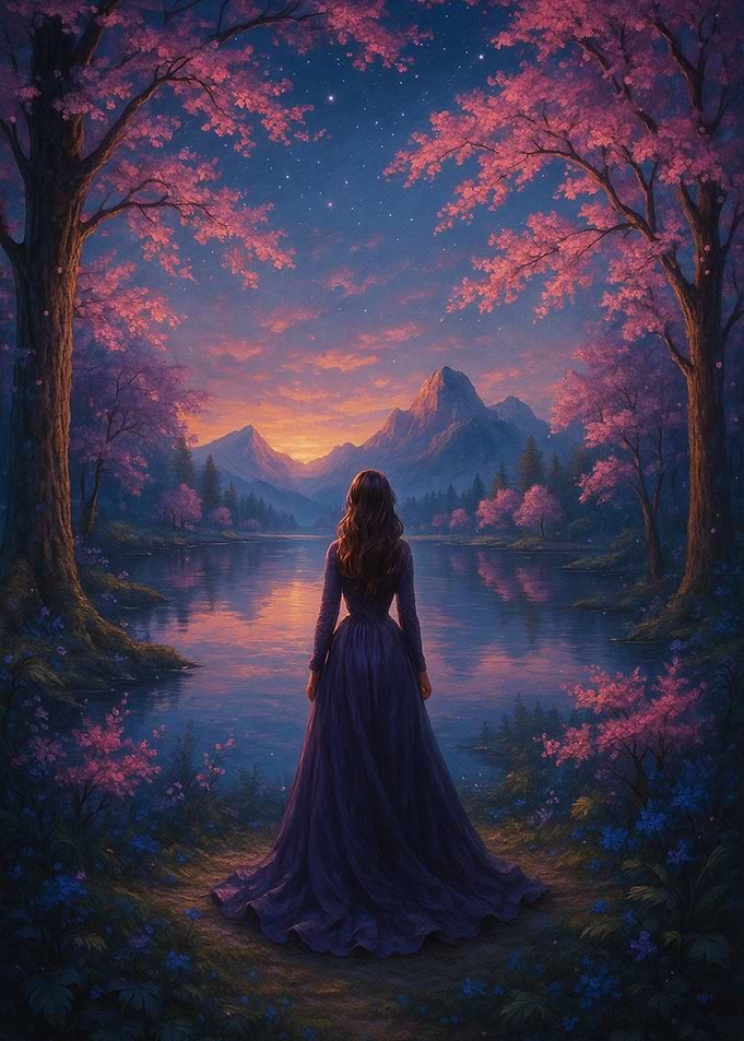 Woman in Dress by Lake at Sunset