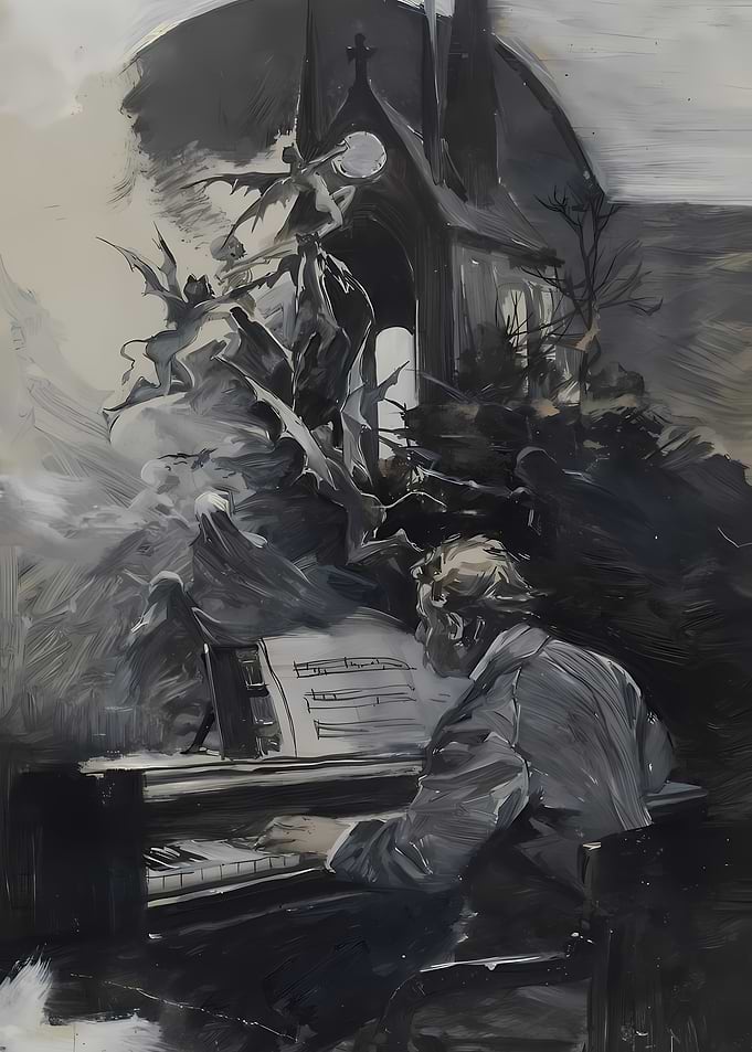 Monochrome Piano Player with Gothic Backdrop