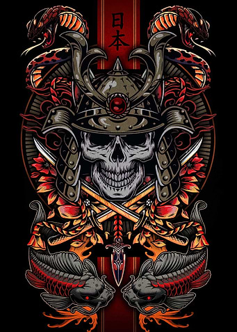 Samurai Skull with Snakes and Koi