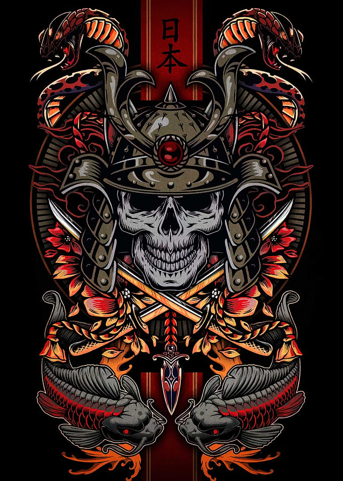Samurai Skull with Snakes and Koi