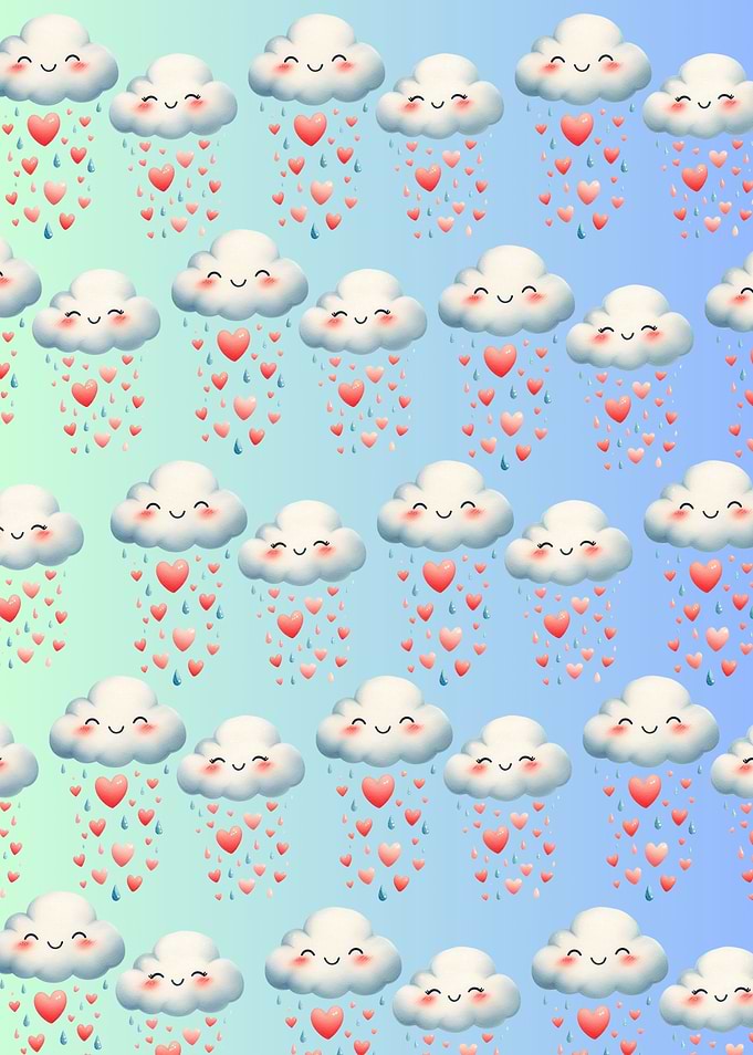 Cute Clouds with Heart Rain Pattern