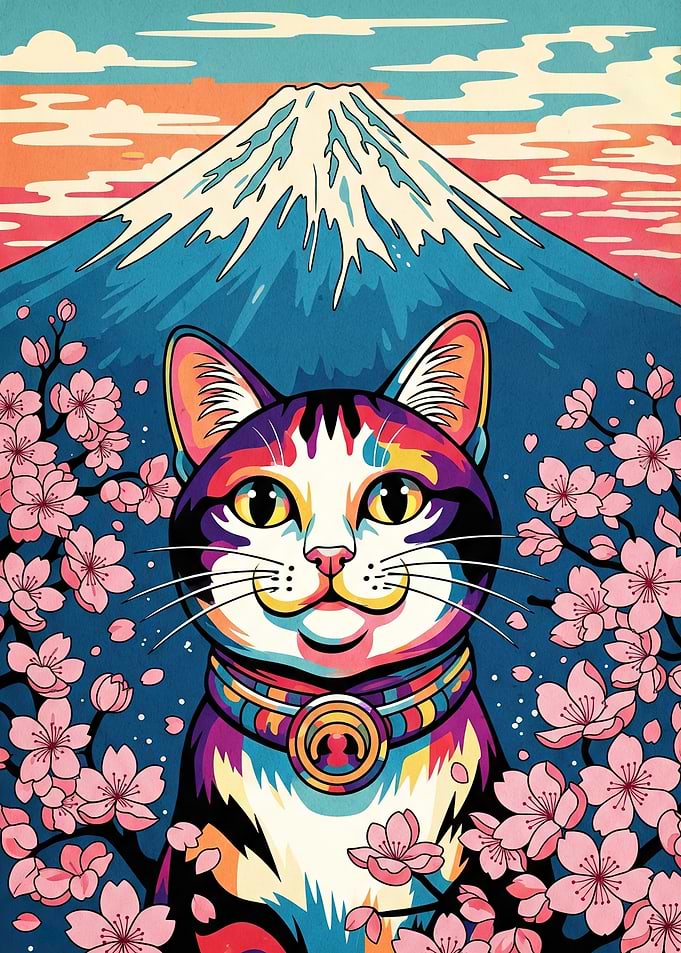 Colorful Cat Mount Fuji Backdrop