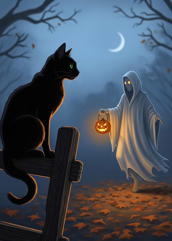 Halloween Night: Black Cat and Ghost