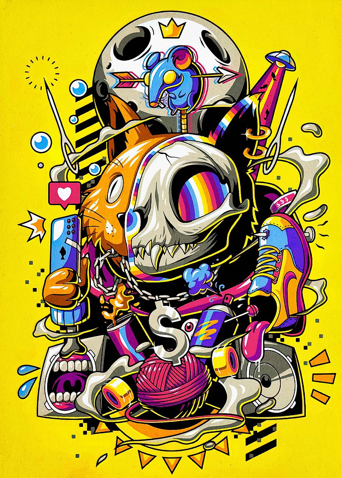 Cat and Skull Graffiti Art