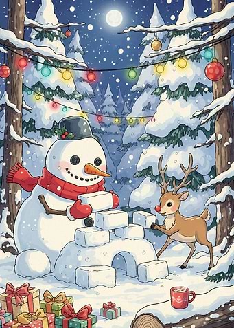Snowman and Reindeer Building Igloo