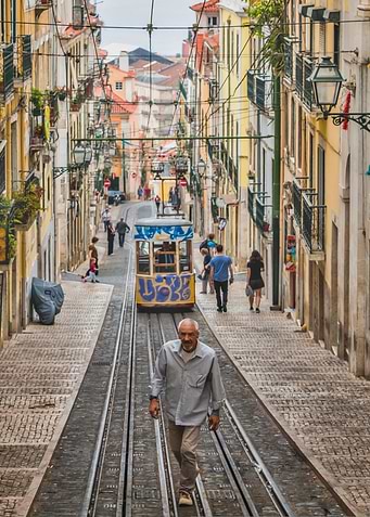Lisbon Street with Tram and Pedestrians