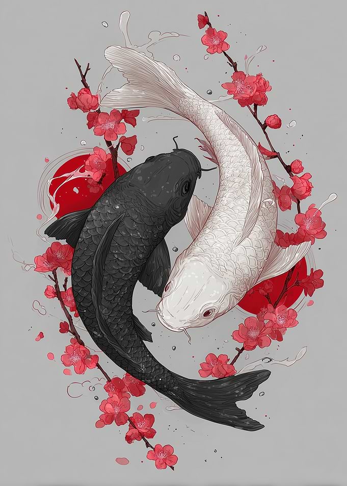 Yin Yang Koi Fish with Cherry Blossoms