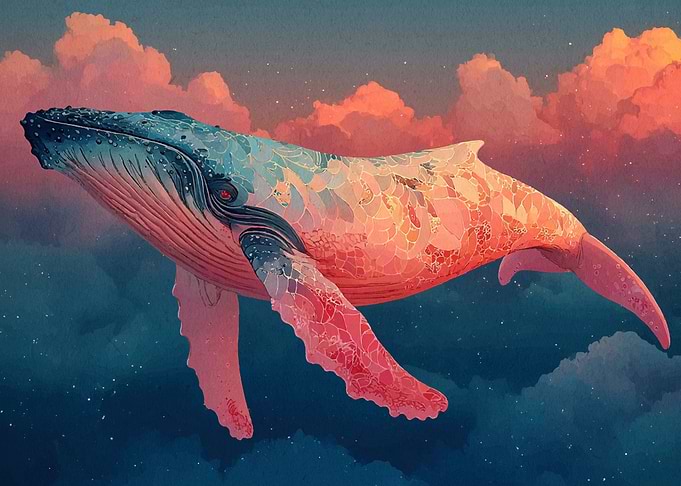 Watercolor Whale in Dreamy Sky