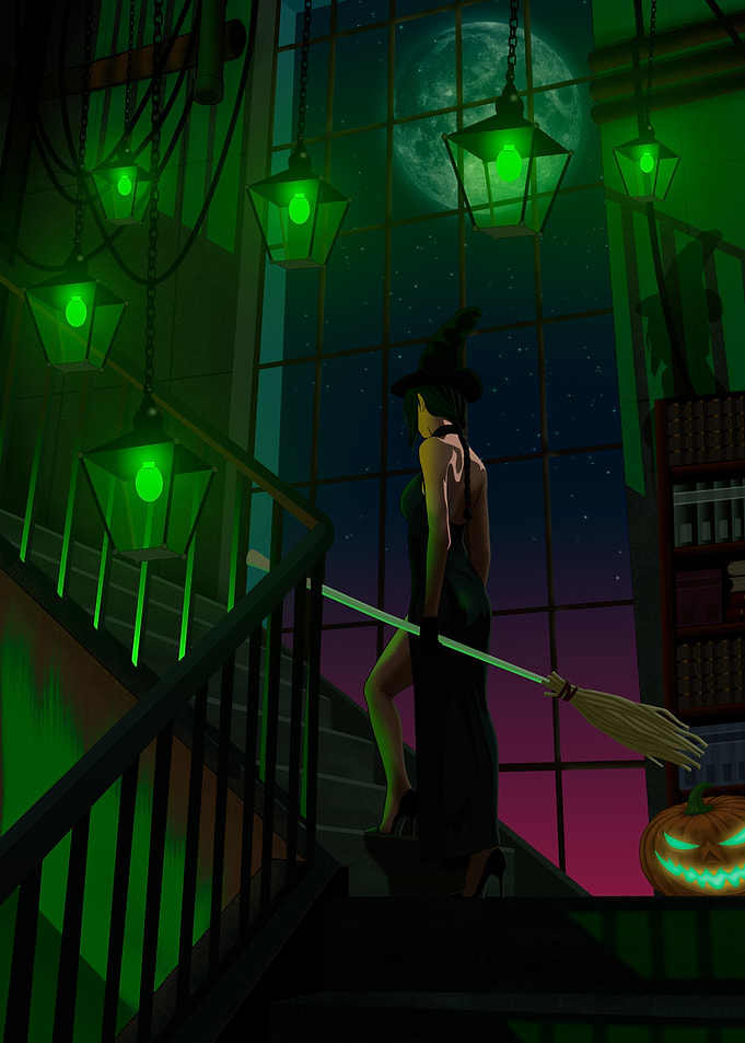 Witch on Stairs with Broom
