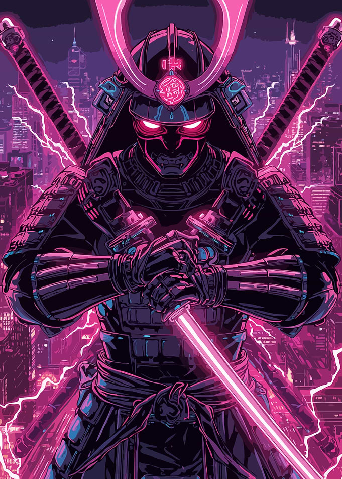 Imagination of Samurai in Neon Cityscape