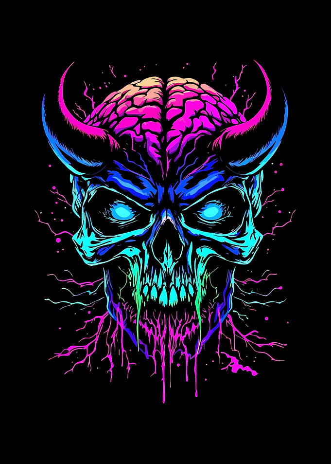 Neon Devil Skull with Brain