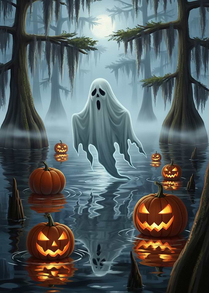 Halloween Ghost and Pumpkins in Swamp