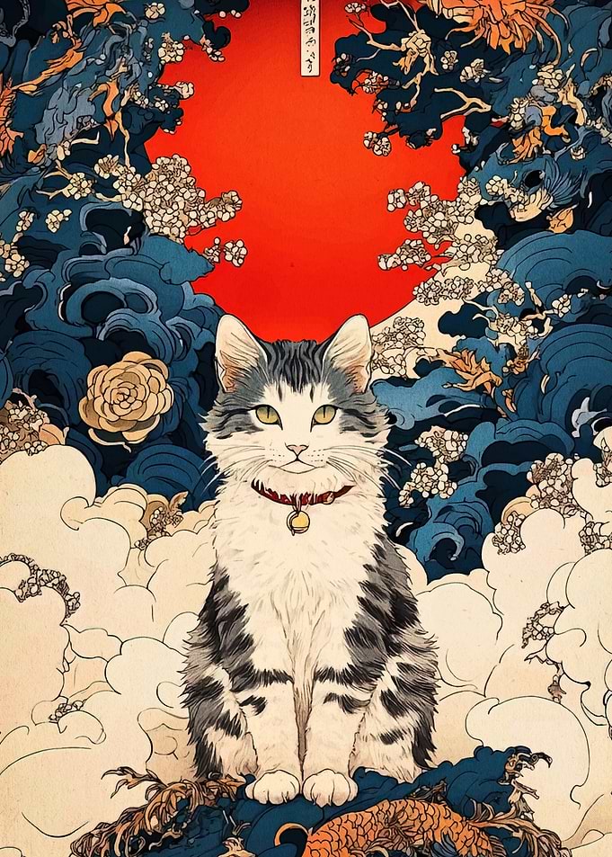 Ukiyo-e Cat Portrait with Red Sun