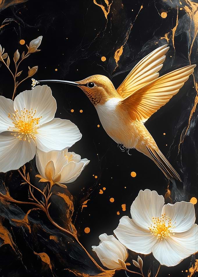 Golden Hummingbird and White Flowers Art