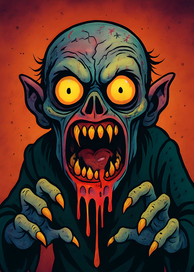 Cartoon Zombie with Blood and Fangs