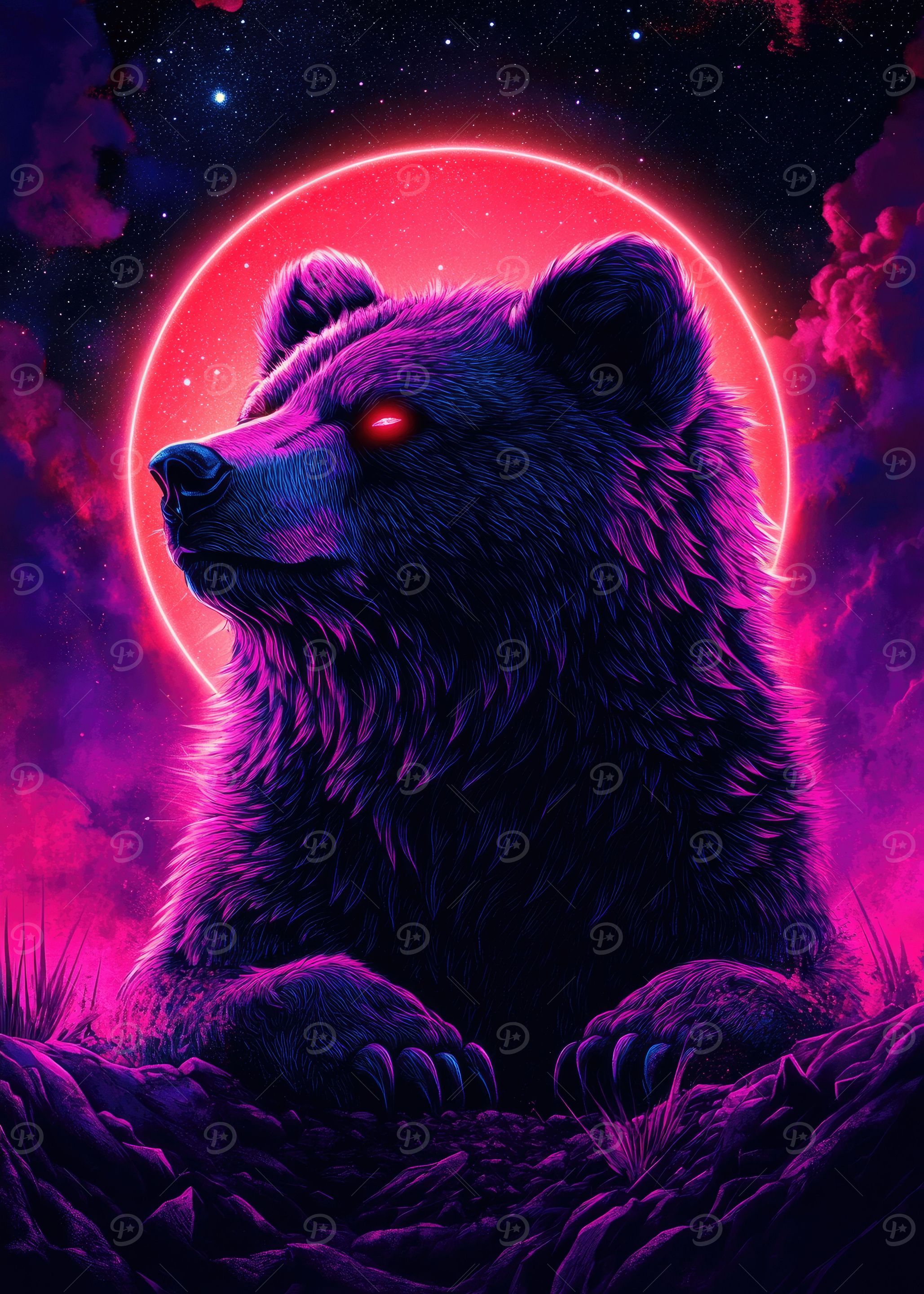 Neon Bear Under Red Moon
